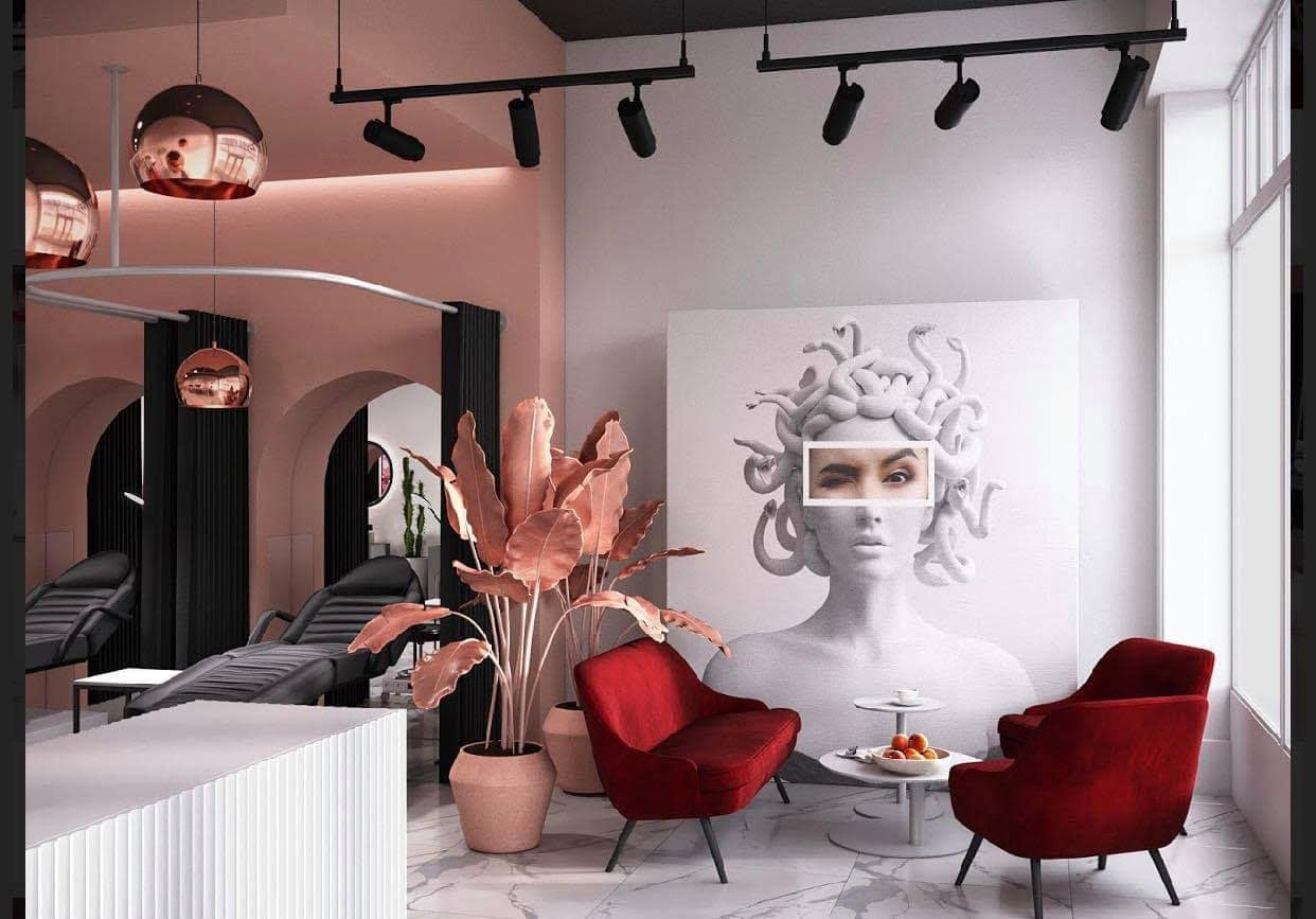 Designer's 3D render of the school interior: coral walls, arched niches, a dark ceiling and red armchairs