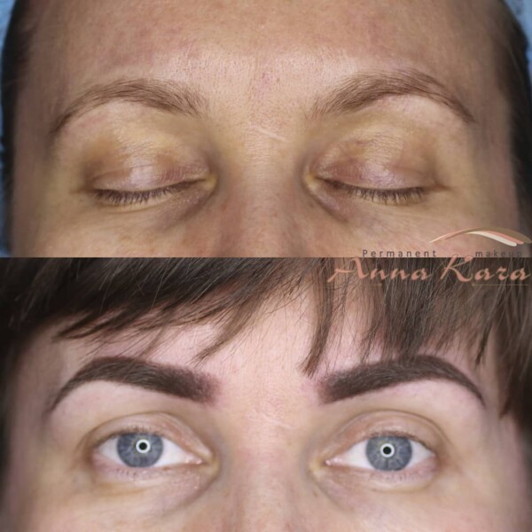 Lady with eyebrows procedure done, before and after, Anna Kara PMU